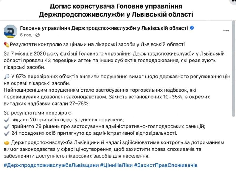 Аптеки на Львівщині завищували ціни на ліки до 78% — Держпродспоживслужба